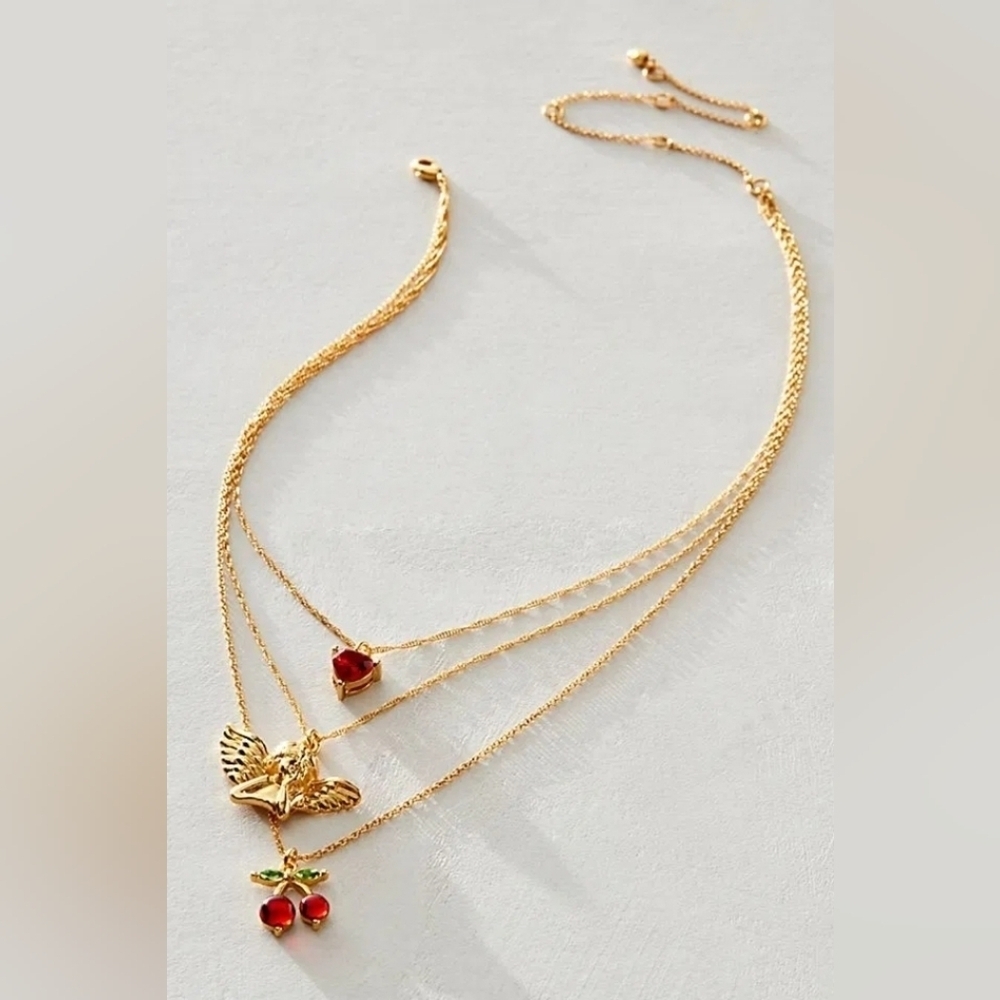 NWT Free People, Angels Only 14k Gold Plated Layered Necklace, Gold/Red